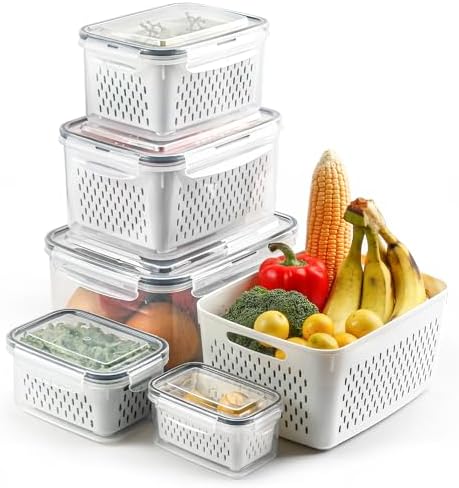 5 Set Fruit Storage Containers for Fridge with Colander