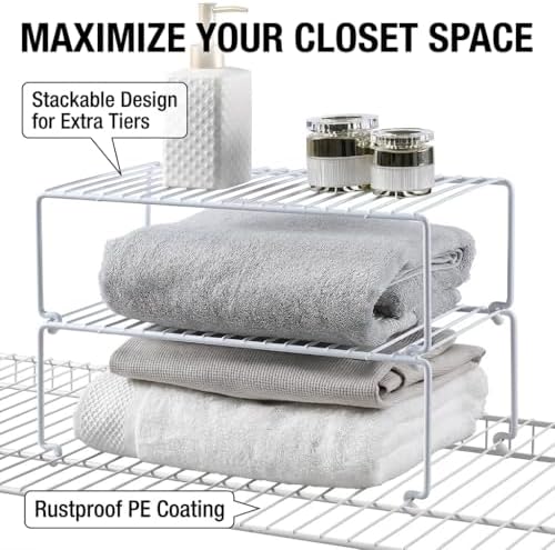 4-Pack Kitchen Cabinet Shelf Riser - Stackable Cupboard Organizer & Wire Rack for Pantry, Spice Organization, Desk & Bathroom, Rustproof Metal Closet Shelves, White (15.7" L x 8.5" W)