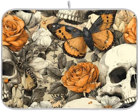 OTVEE Crows and Skull Art Dish Drying Mat for Kitchen Counter