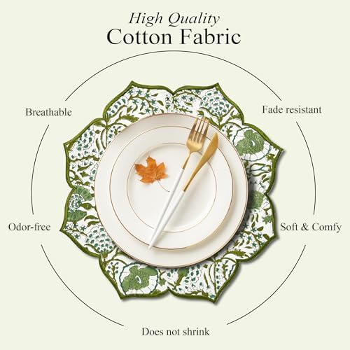 CPC Agate Green Block Print Cotton Floral Placemat 15x15 Inch, Set of