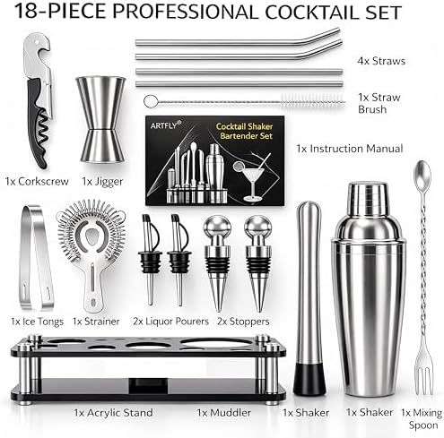 Cocktail Shaker Set, 18-Piece Bartender Kit with Stand, Bar Tool Set