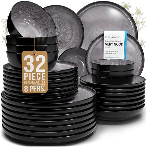 32 Piece Stoneware Dinnerware Set for 8, Handcrafted Plates and Bowls Set