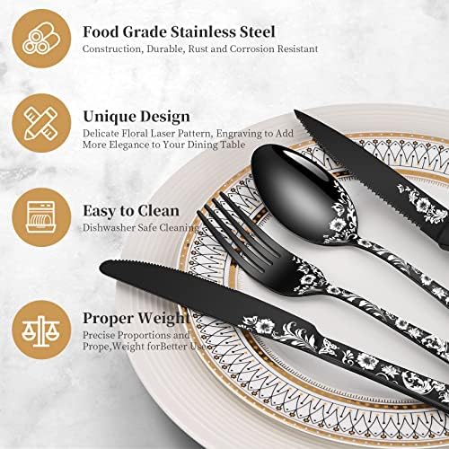24-Piece Black Silverware Set with Steak Knife, Black Flatware Sets