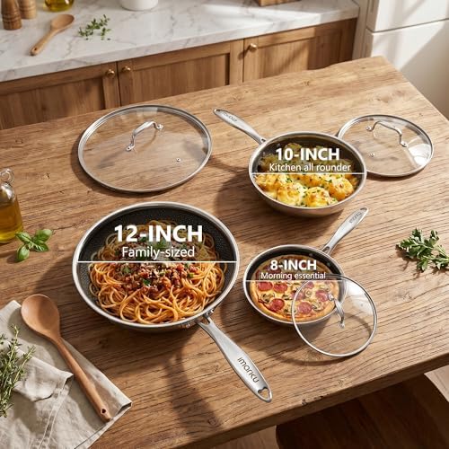 imarku 8"/10"/12" Hybrid Non Stick Frying Pan Set with Lids, PFOA Free