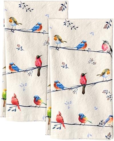 Miss Adola 150GSM Flour Sack Kitchen Towels Set of 2, Watercolor Bird