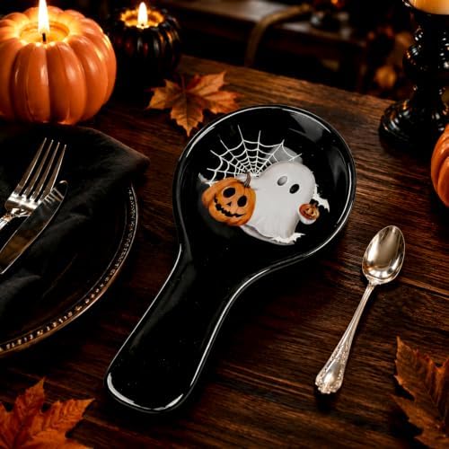 Whaline 9.4 Inch Halloween Spoon Rest, Ghost Pumpkin, Black