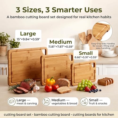 3-Piece Bamboo Cutting Board Set with Holder, Juice Groove for Kitchen