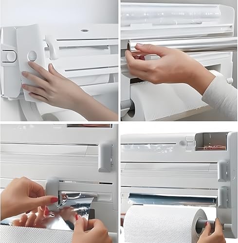 6-in-1 Wall Mounted Plastic Wrap&Foil Dispenser with Cutter–PP Kitchen Organizer w/Paper Towel, Tape, Bag&Small Tray, No Drill/Screw Mount White-Aluminum Foil Rack Organizer&Organizer Foil Cling Wrap