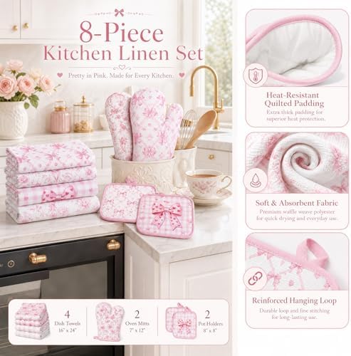 Pink Bows Kitchen Decor Set, 8 Pcs Coquettte Bow Home Accessories with