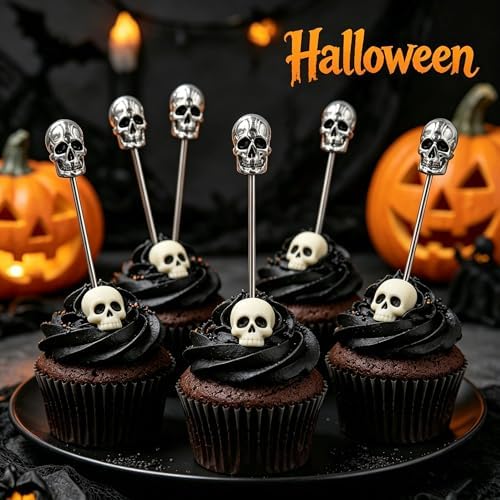 Homestia 6 Pcs 4.6'' Metal Cocktail Martini Picks, Halloween Skull