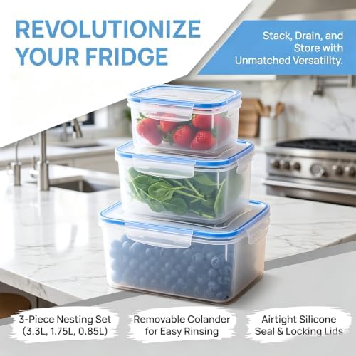 3 Pack Fruit Storage Containers for Fridge with Lids