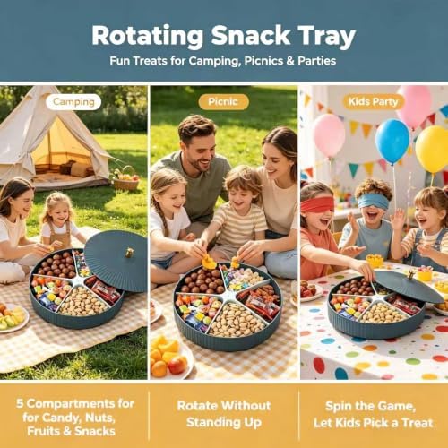 360° Rotating Snack Box with Lid, Divided Snack Tray Large Round