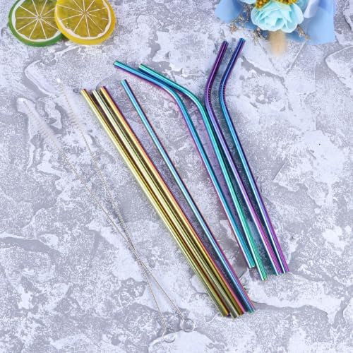 Drinking Straws 8pcs Reusable Stainless Steel Set, Rainbow