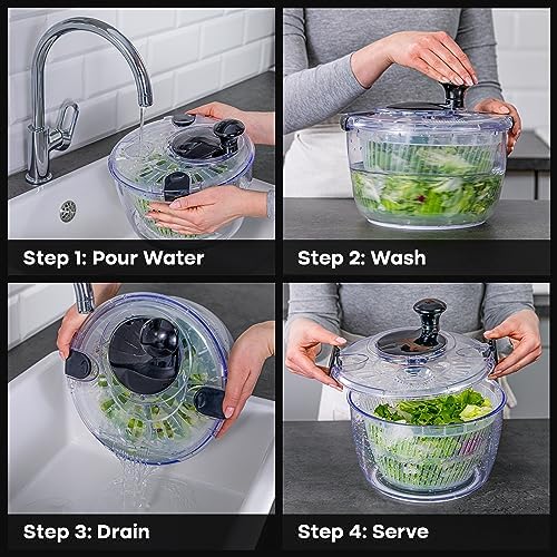 Joined Large Salad Spinner with Drain, Bowl, and Colander - Quick and Easy Multi-Use Lettuce Spinner, Vegetable Dryer, Fruit Washer, Pasta and Fries Spinner - 5.28 Qt