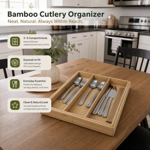 Expandable Bamboo Silverware Drawer Organizer, Adjustable Cutlery Tray