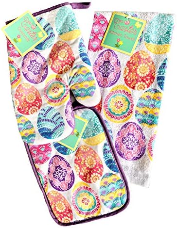 Easter 3 Piece Egg Pastel Kitchen Towel Set with Matching Oven Mitt