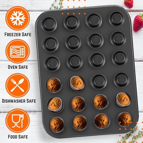 Flexzion 12-Cup Muffin Pans, Nonstick Carbon Steel Bakeware, Black