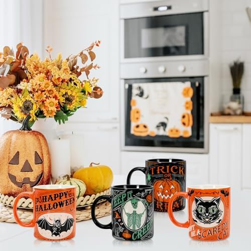 Whaline 4Pcs Halloween Mug Pumpkin Black Cat Bat Skeleton Coffee Mug
