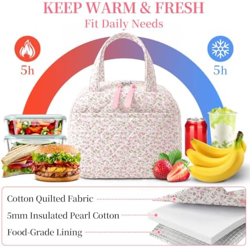 WOBAGMEN Quilted Lunch Box, Pink Floral