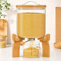 Goaste Glass Rice Dispenser with Bamboo Stand, 5L Flour Cereal Container with Airtight Lid, 8 Lbs Large Grain Food Storage Bucket, Countertop Beans Storage Tank with Measuring Cup & Valve for Dry Food