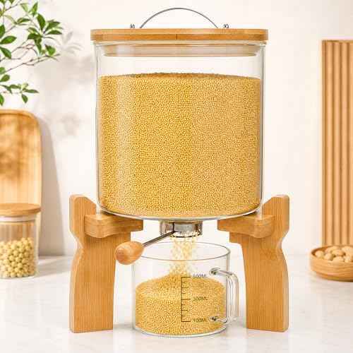 Goaste Glass Rice Dispenser with Bamboo Stand, 5L Flour Cereal Container with Airtight Lid, 8 Lbs Large Grain Food Storage Bucket, Countertop Beans Storage Tank with Measuring Cup & Valve for Dry Food
