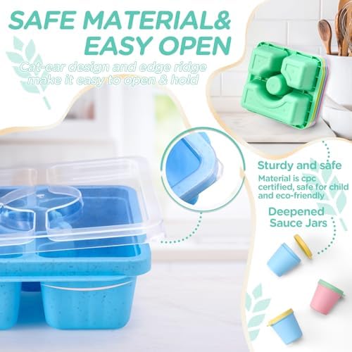 QQKO 4-Pack Divided Bento Snack Boxes with Sauce Cups