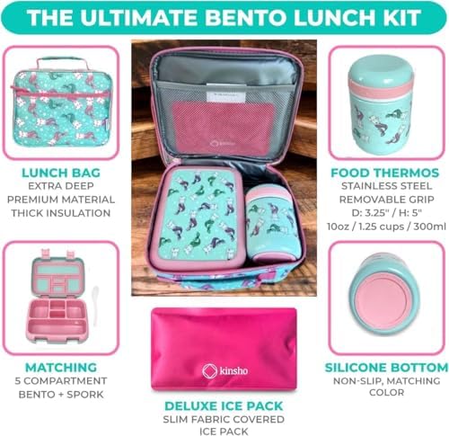 kinsho Bento Lunch Box Set with Thermo Bag & Ice Pack Pink Aqua Cat