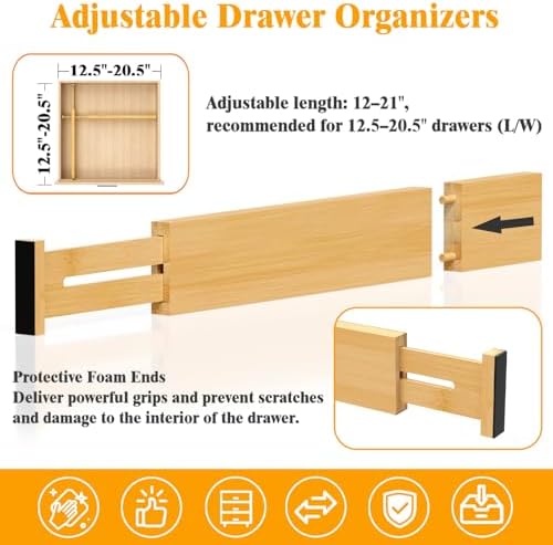 Bamboo Drawer Dividers, 12-21 Inch Kitchen Adjustable Drawer