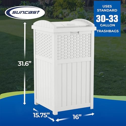Suncast Outdoor Trash Can with Lid, 30 Gallon, White