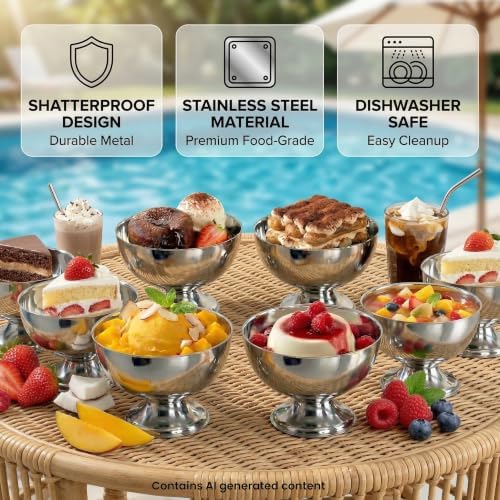 Silver Stainless Steel Dessert Cups - with Forks & Spoons,8.45 Oz,Set