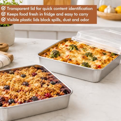 4 Pieces 8 x 8 Baking Pan with Lid, Stainless Steel Square Cake Pan