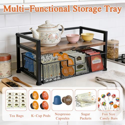 Tea Bag Organizer, Wooden Tea Storage Box with Metal Drawer