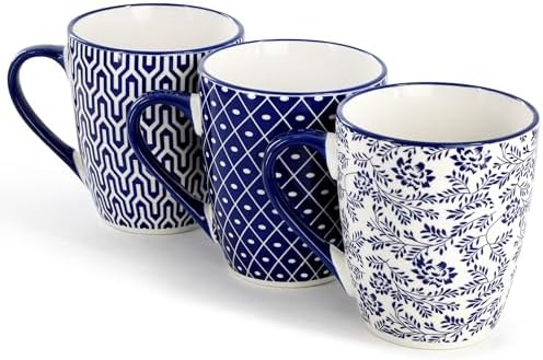 Elama Declan 12 Ounce Assorted Design Stoneware Mug Set in Blue and