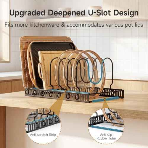 MUDEELA Pot Lid Organizer for Cabinet, Adjustable Baking Pan Rack 7 Slots