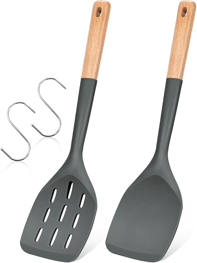 Pack of 2 Silicone Spatula, Non Stick Cooking Utensil Set Wooden Handle Kitchen by BADIANO