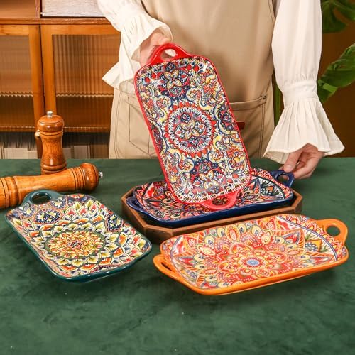 Boho Ceramic Serving Platters with Handles Set of 4, 12.59 Inch Large
