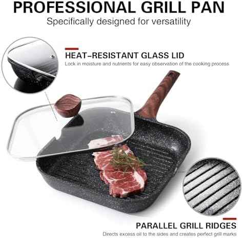 Kordisen Nonstick Grilling Pan with Lid for Stove Tops, 11 Inch Square Grill Pan for Indoor Cooking, Granite Coating Grill Skillet with Pour Spouts, Versatile Griddle, Induction Steak Pan, PFOA Free