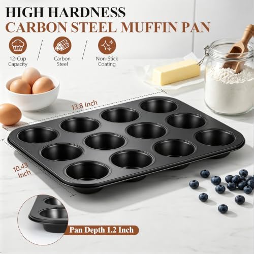 E-far 12-Cup Muffin Pan, 2 Pack Nonstick Carbon Steel Cupcake Pan Tin