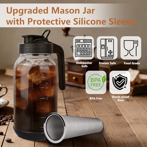 Cold Brew Coffee Maker, 64oz Mason Jar Pitcher with Stainless Steel