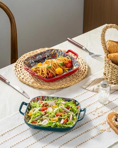 Besmeety Square Pasta Bowls with Handle, Boho Salad Serving Bowls Set of 2, Ceramic 7.09" Pasta Plates for Housewarming Present, Party (Green+Red)
