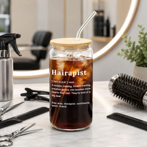 Mikopei Hairdresser Gifts for Women, Hairapist Glass Cup with Lid and
