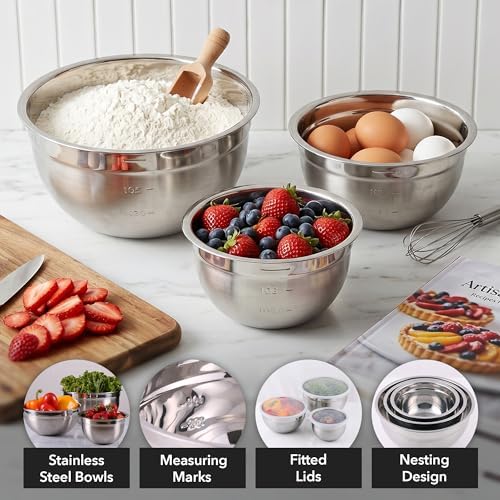 OVENTE Stainless Steel Mixing Bowl Set of 3 with Lids, Silver BM46333S