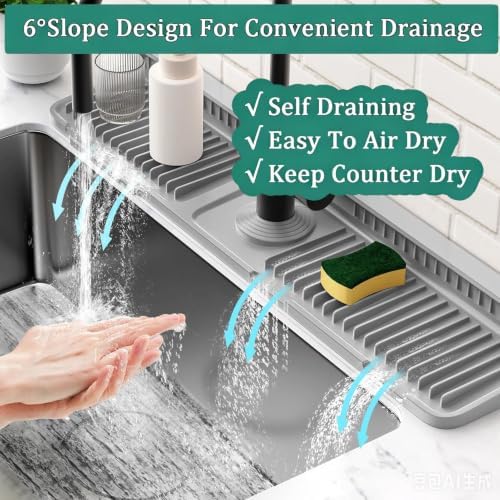 24" Gray Silicone Faucet Mat for Kitchen Sink Splash Guard, 6° Slope