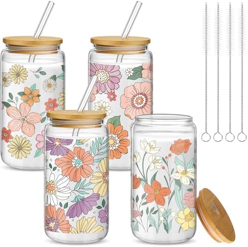 Mumufy 4 Pack Bohemian Flower Glass Cup, 16 oz Tumbler Mug with Bamboo