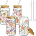 Mumufy 4 Pack Bohemian Flower Glass Cup, 16 oz Tumbler Mug with Bamboo