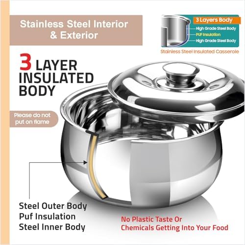 SIGNORA WARE Large Insulated Casserole Dish with Lid Set of 3. Stainless steel Hot Pot Food Warmer/Cooler -Thermal Soup/Salad Serving Bowl Stainless Steel Hot Food Container–Best Gift Set for Moms