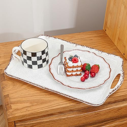LEHAHA Vintage White Large Serving Tray with Handles, 17.25x12 inch