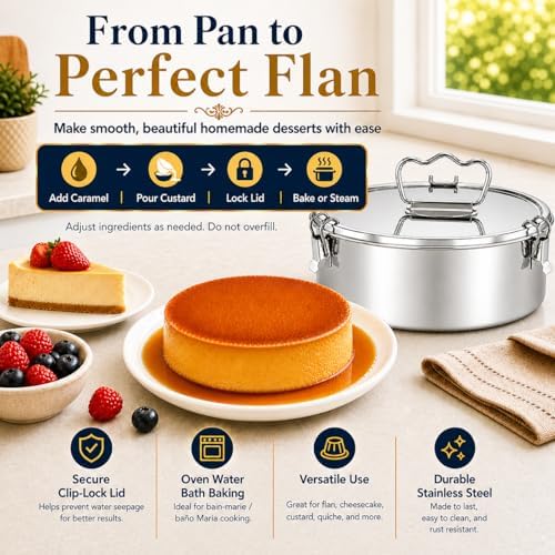 Stainless Steel Flan Pan with Lid, 80 fl oz Flanera Mold, Fits 8 Qt