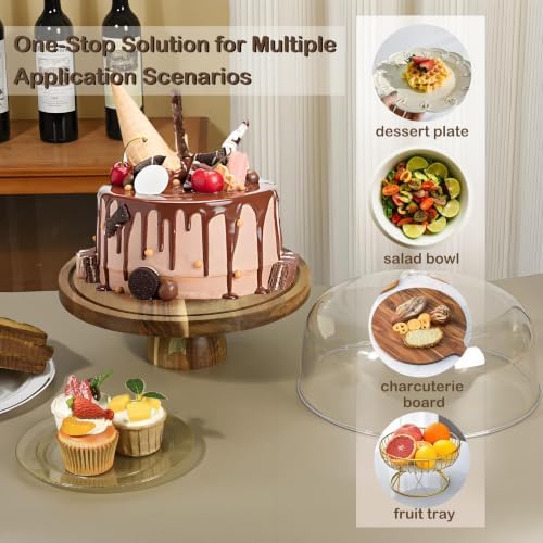 Acacia Wood Cake Stand with Acrylic Dome Lid,12 inch Round Dessert
