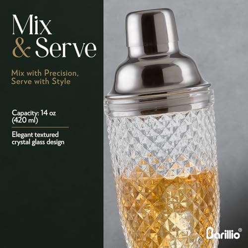 Barillio Glass Cocktail Shaker Set | 14 oz Cobbler Mixer with Bar